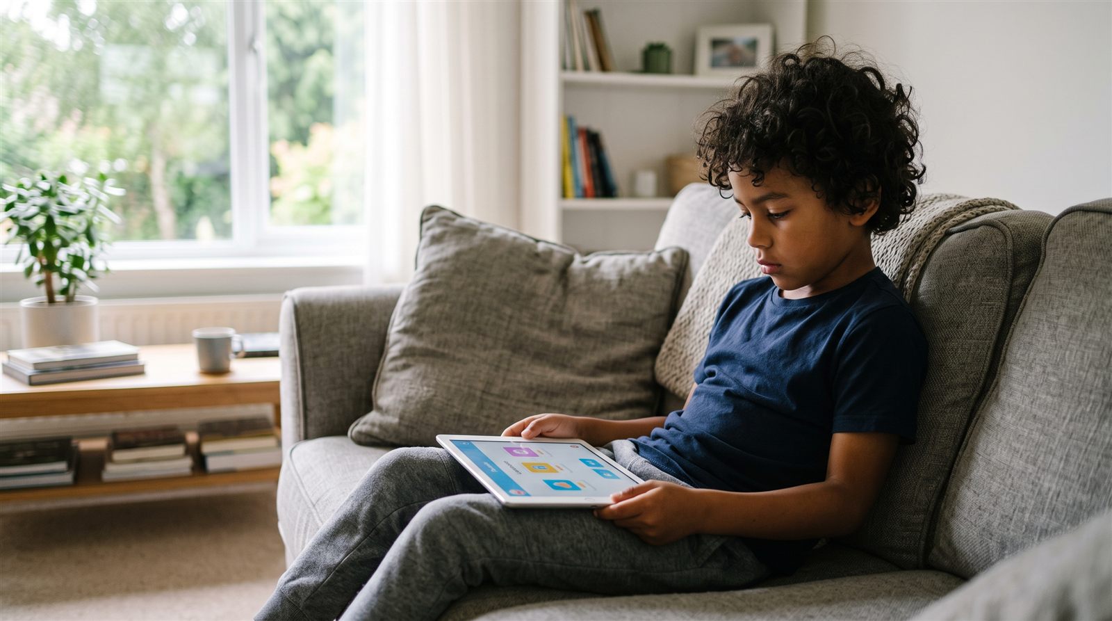 Niño latinoamericano sentado solo en el sofá usando una app de idiomas en una tableta, con expresión algo aburrida
