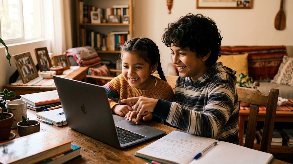 Dos hermanos latinoamericanos de distintas edades aprendiendo japonés juntos frente a una laptop, sonriendo