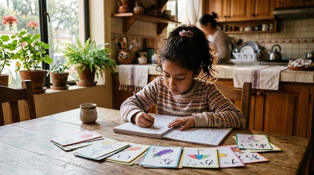 Niña latinoamericana practicando hiragana con tarjetas en la mesa de la cocina de su casa