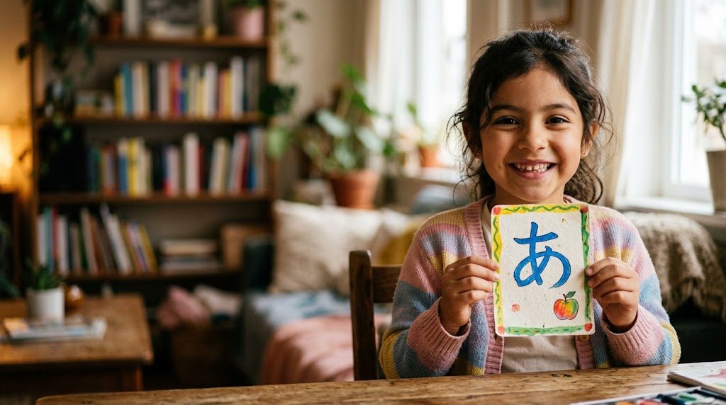 Niña latinoamericana sonriendo y mostrando con orgullo una tarjeta de hiragana hecha a mano