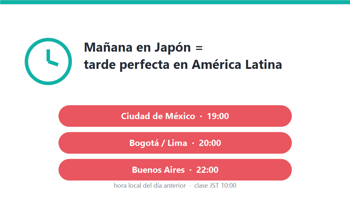 Gráfico de husos horarios: un reloj muestra la mañana en Japón conectada con la tarde perfecta en América Latina, con las horas de Ciudad de México 19:00, Bogotá 20:00 y Buenos Aires 22:00