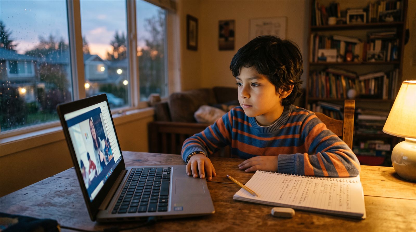 Niño latinoamericano en casa por la tarde, con luz cálida, tomando una clase de japonés en línea frente a su computadora después de la escuela