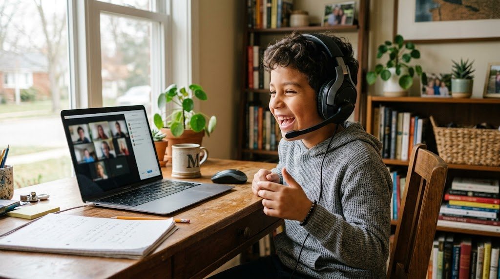 Niño latinoamericano con auriculares riendo durante una clase de japonés en vivo por videollamada