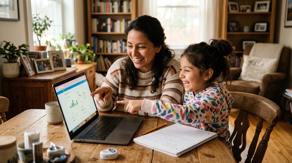 Madre e hijo latinoamericanos sonriendo frente a una laptop mientras revisan juntos el avance del japonés en casa
