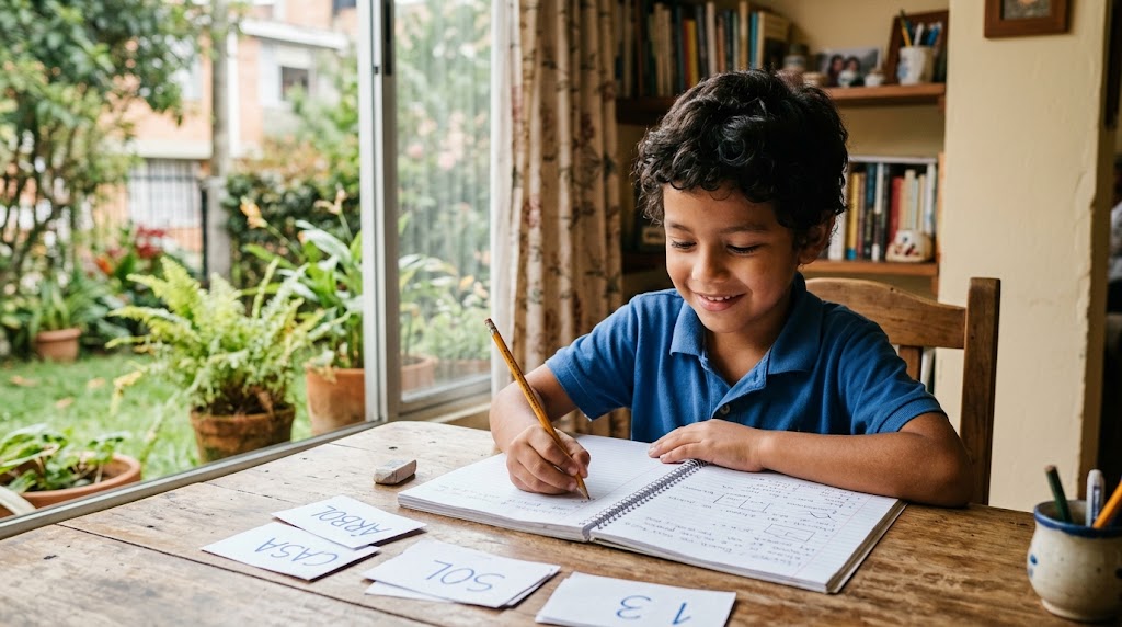 Niño latinoamericano estudiando japonés en casa con un cuaderno y tarjetas de hiragana sobre la mesa, concentrado y sonriente
