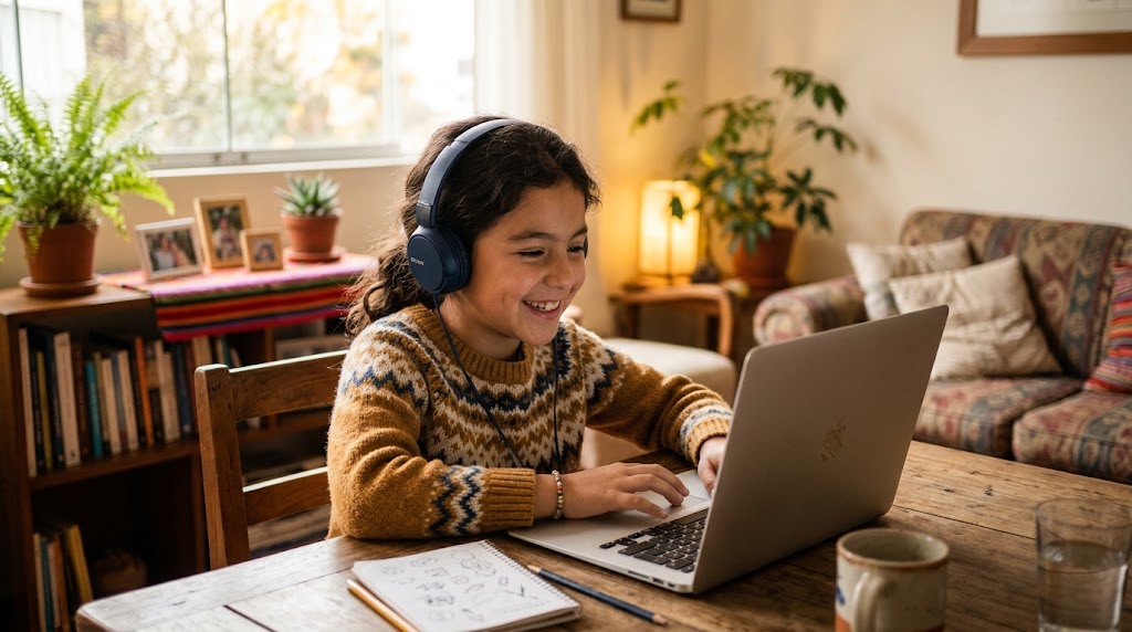 Niña peruana con auriculares sonriendo frente a una laptop durante una clase de japonés en vivo por videollamada en su casa
