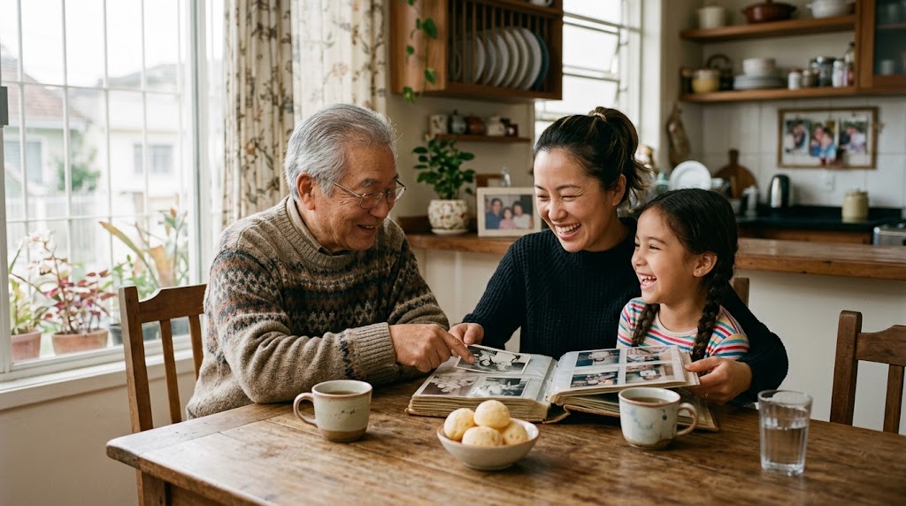 Familia nikkei peruana de tres generaciones conversando en casa; el abuelo, la madre y la niña sonríen juntos alrededor de la mesa