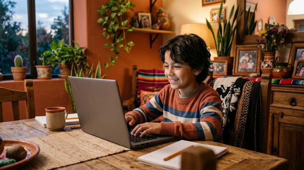 Niño mexicano usando una laptop en casa al atardecer, en un interior cálido con plantas