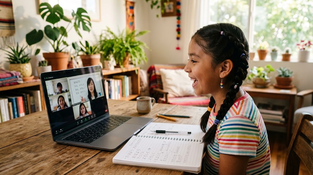 Nina mexicana con trenzas sonriendo durante una clase grupal de japones en linea en casa por la manana, con un cuaderno abierto