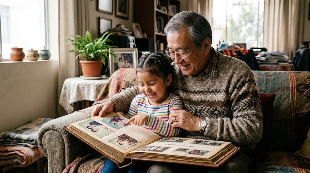 Abuelo nikkei y su nieta mirando juntos un álbum de fotos familiar en casa