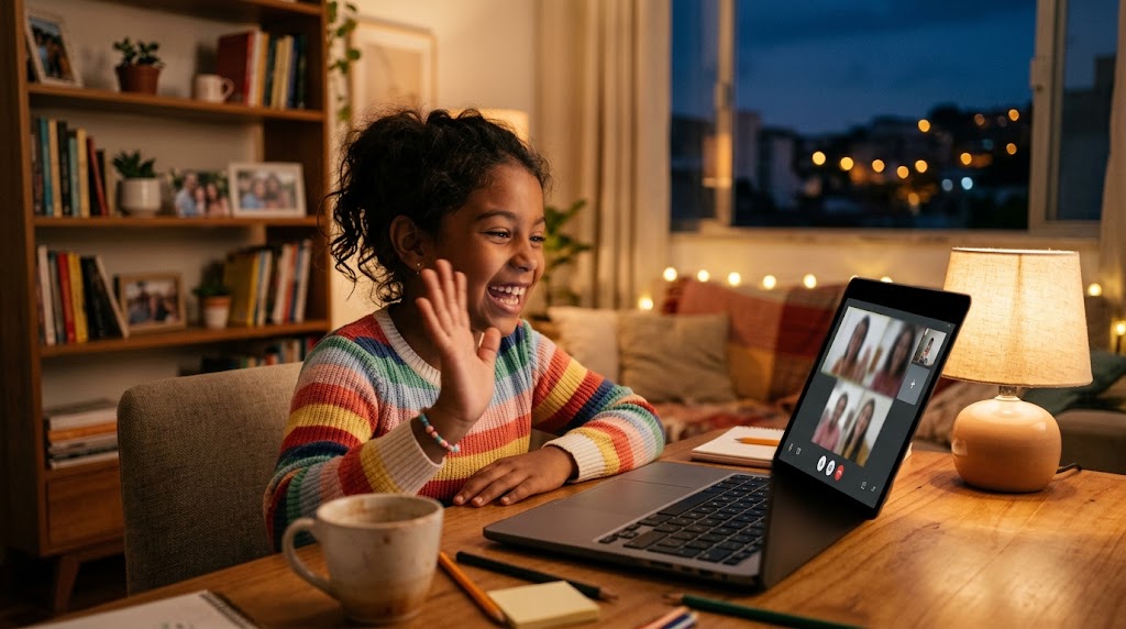 Niña nikkei latinoamericana saludando y sonriendo en una videollamada de japonés al anochecer en su casa