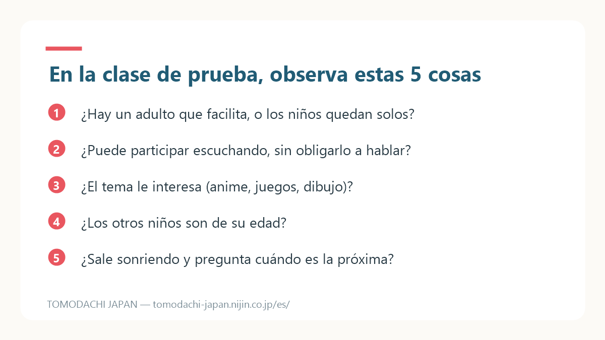 Tarjeta con la lista de 5 puntos que los padres deben observar en una clase de prueba para un niño tímido
