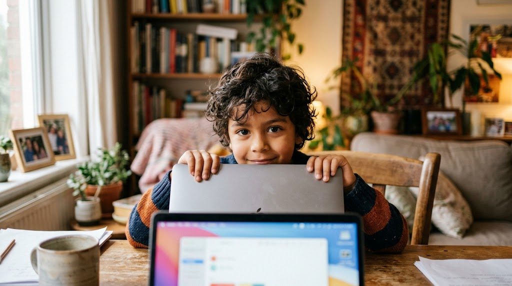 Niño tímido asomándose por encima de una laptop en casa, con expresión curiosa