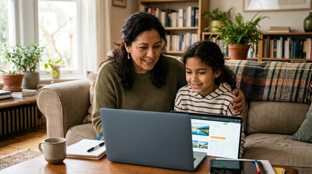 Madre e hija latinoamericanas comparando opciones de clases de japonés en una laptop en casa