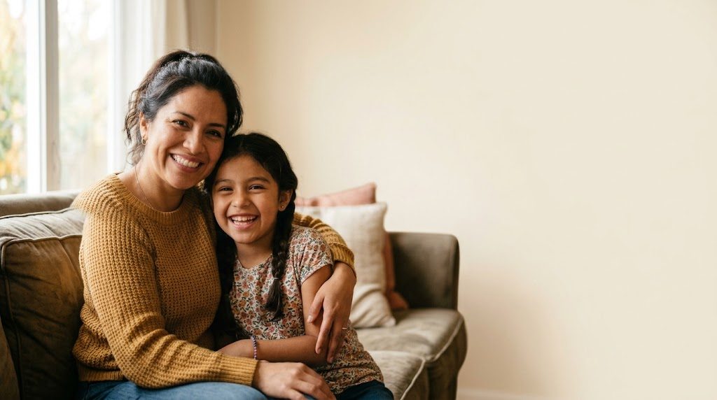 Madre e hija latinoamericanas sonriendo juntas en el sofá de su casa
