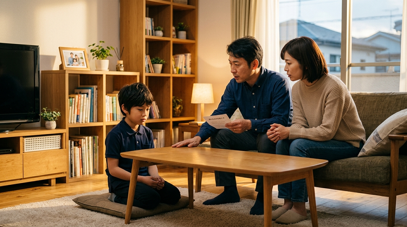 日本の家庭のリビングで父親と母親が小学生の子どもに海外赴任のことを話している場面