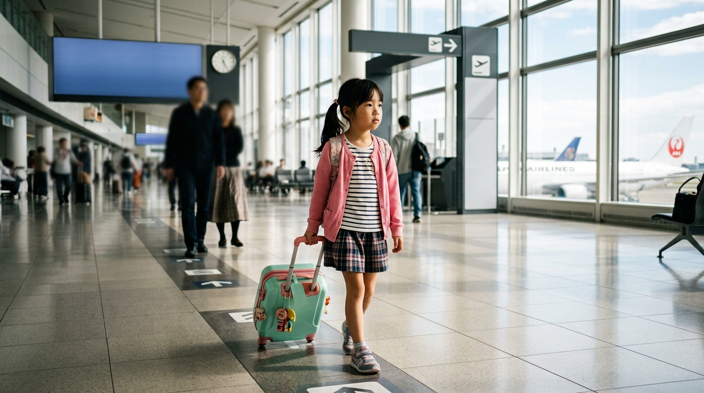 空港の出発ロビーで小さなスーツケースを引いて歩く小学生の女の子