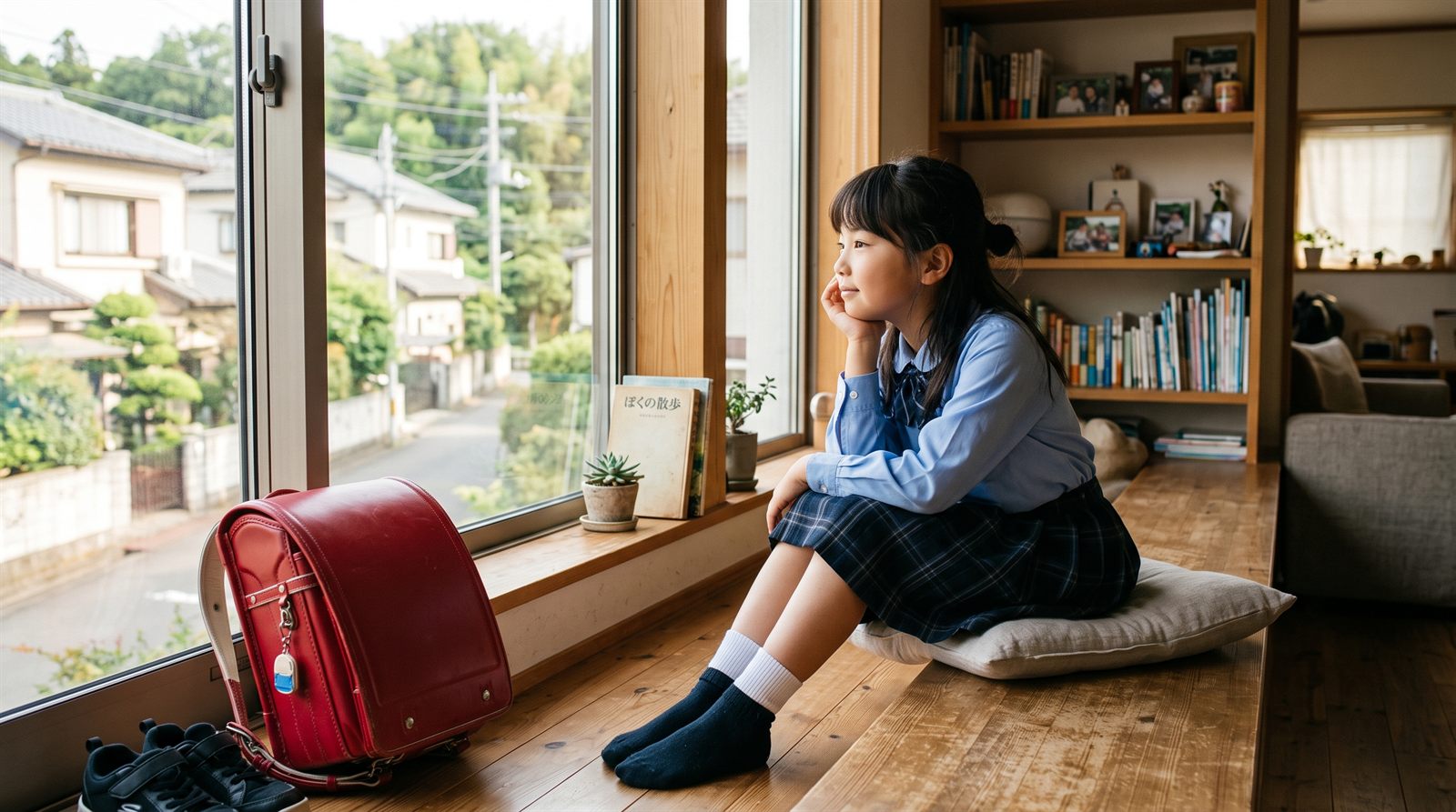 海外の自宅の窓辺で昼間に静かに過ごす小学生の子ども。現地校やインターに行き渋るとき、家庭が安心の拠点になる様子