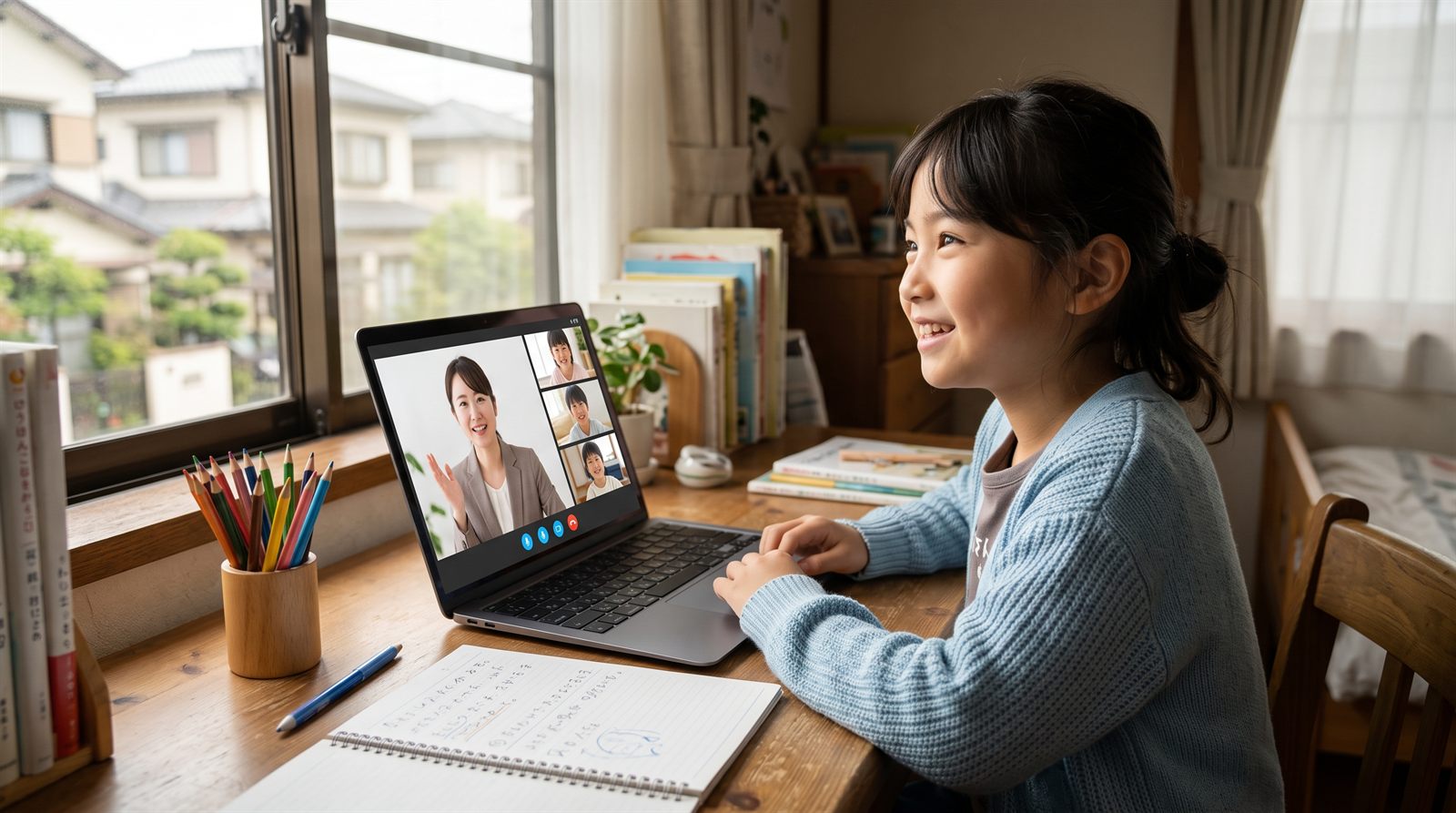 海外の自宅でノートパソコンのオンライン授業に笑顔で参加する小学生の子ども。日本語で相談でき同世代とつながる、もう一つの居場所の様子