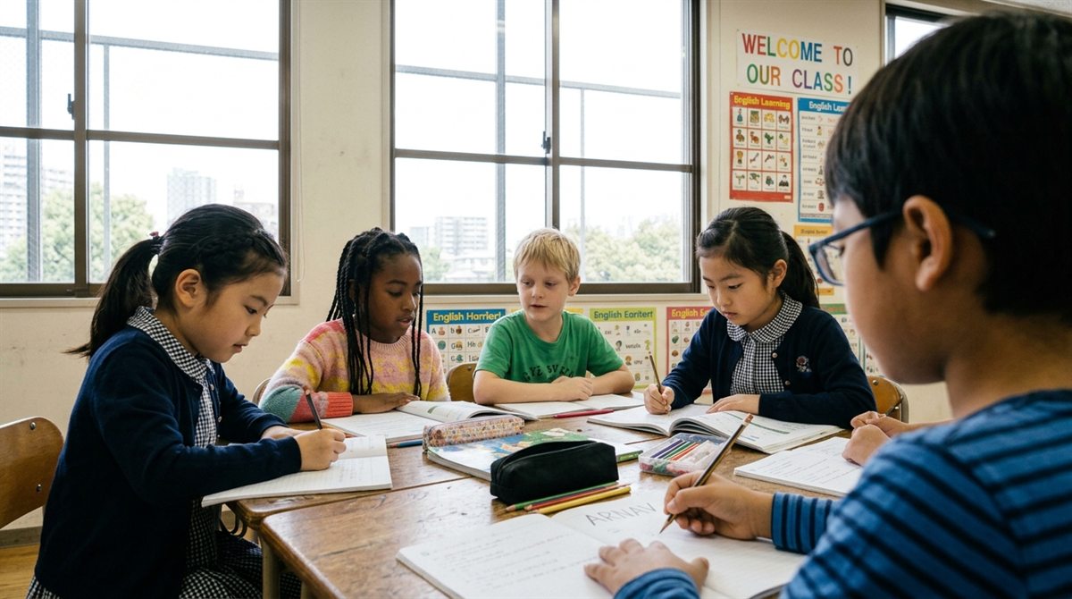 インターナショナルスクールの教室で英語の授業を受ける小学生たち