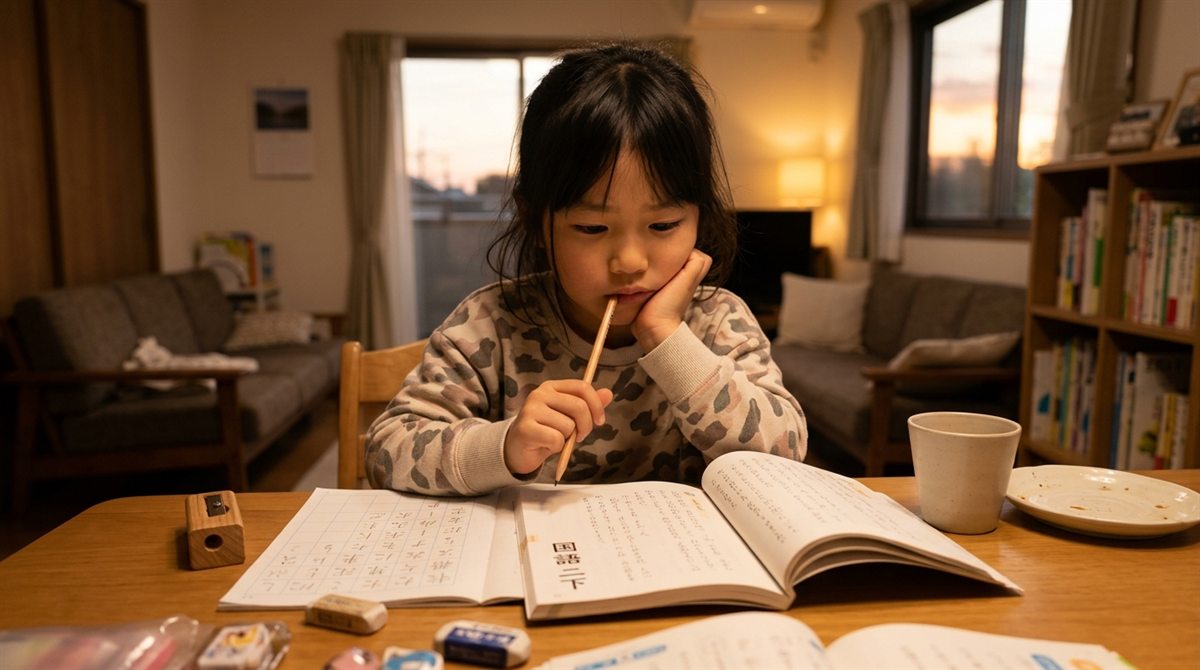 自宅のリビングで日本語の教科書を開いて学習するインターナショナルスクールに通う小学生