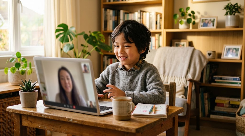 オンラインで同世代の友達と楽しそうに日本語で話し、笑顔になる子ども