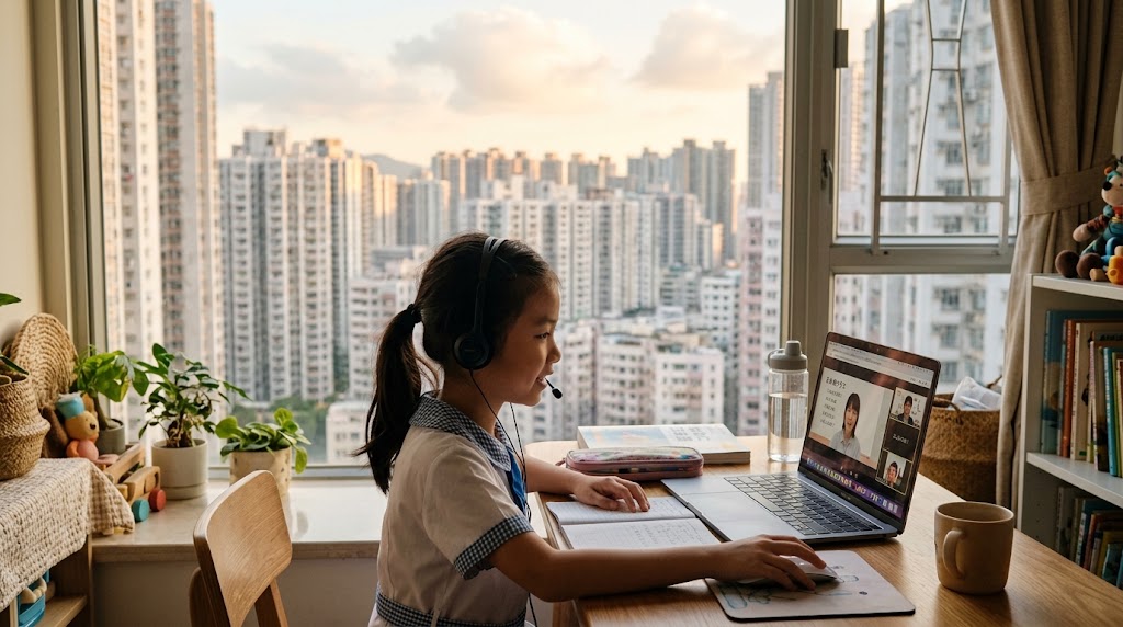 A Hong Kong girl taking an online Japanese lesson at home after school with a dense city view