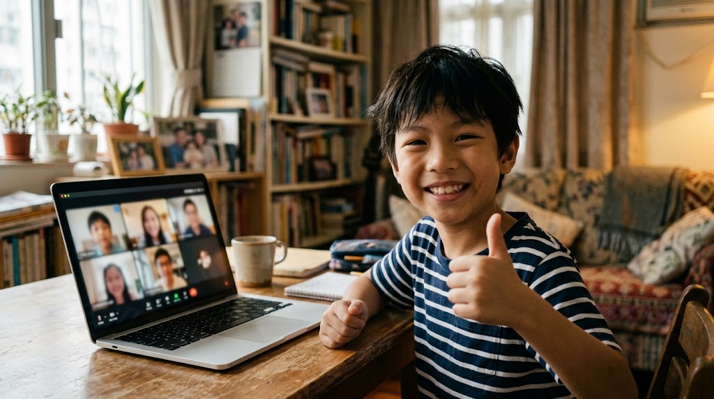 A Hong Kong boy giving a thumbs up to the laptop with his Japanese friends on screen