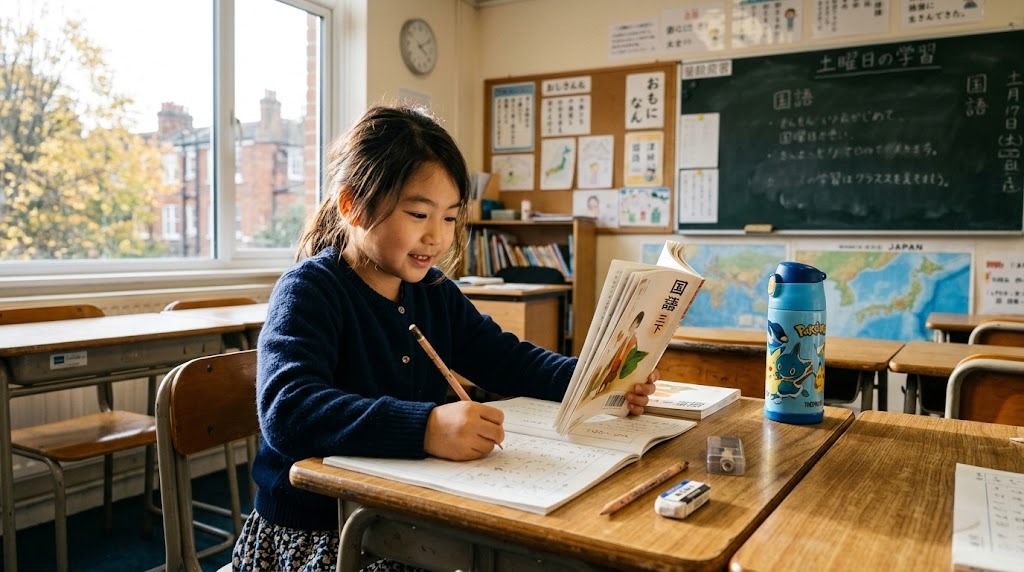 海外の日本語補習校の土曜午前の教室で、日本の国語の教科書とノートを開いて音読しながら書いている小学生の女の子