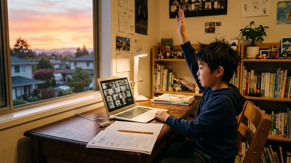 海外の子ども部屋で夕暮れに、ノートパソコンに映る日本の同世代のクラスメイトに向かって手を挙げて発言しようとしている小学生の男の子