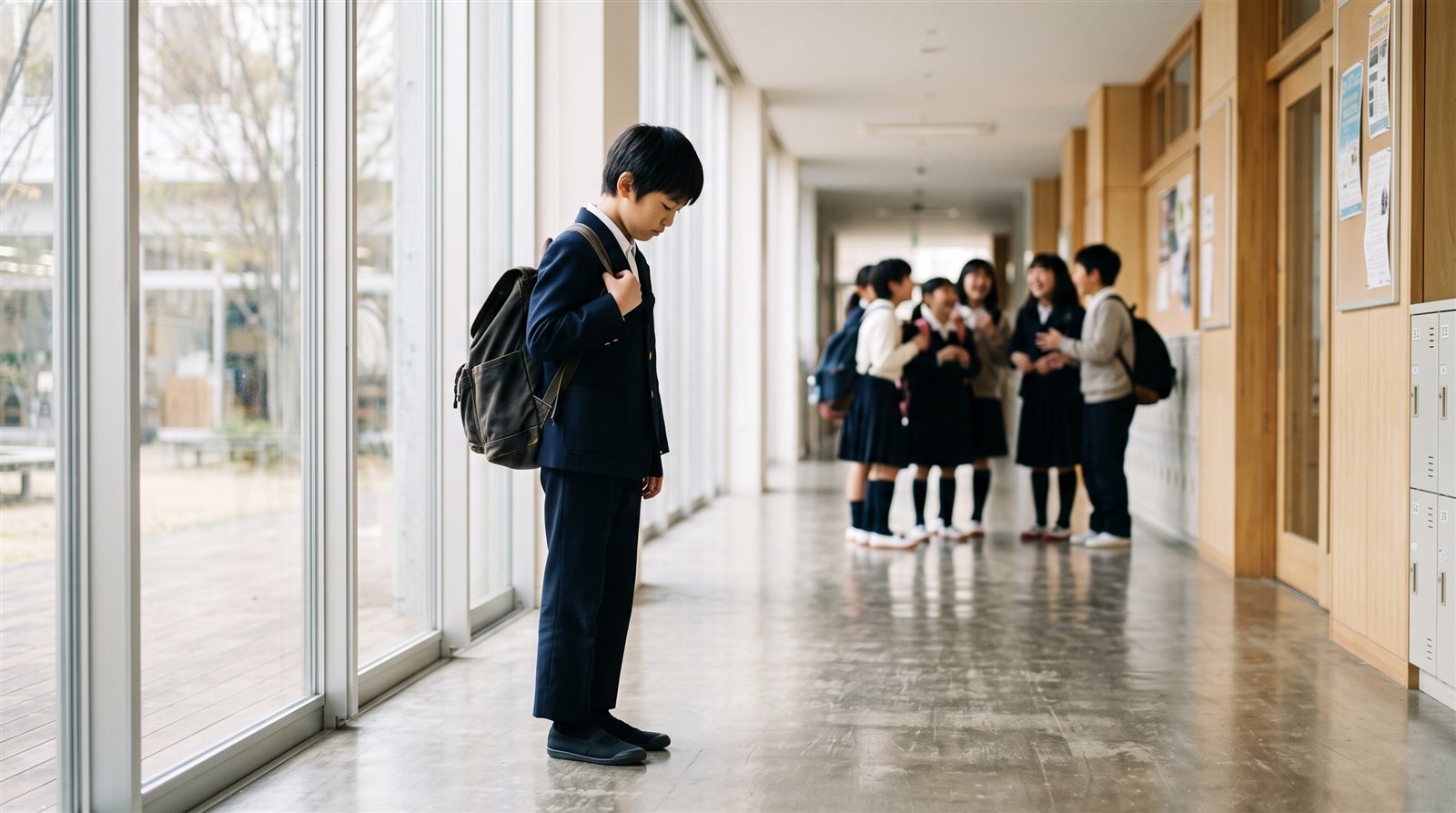 学校の廊下で輪に入れず、ひとりでうつむく男の子――「居場所がない」と感じる瞬間