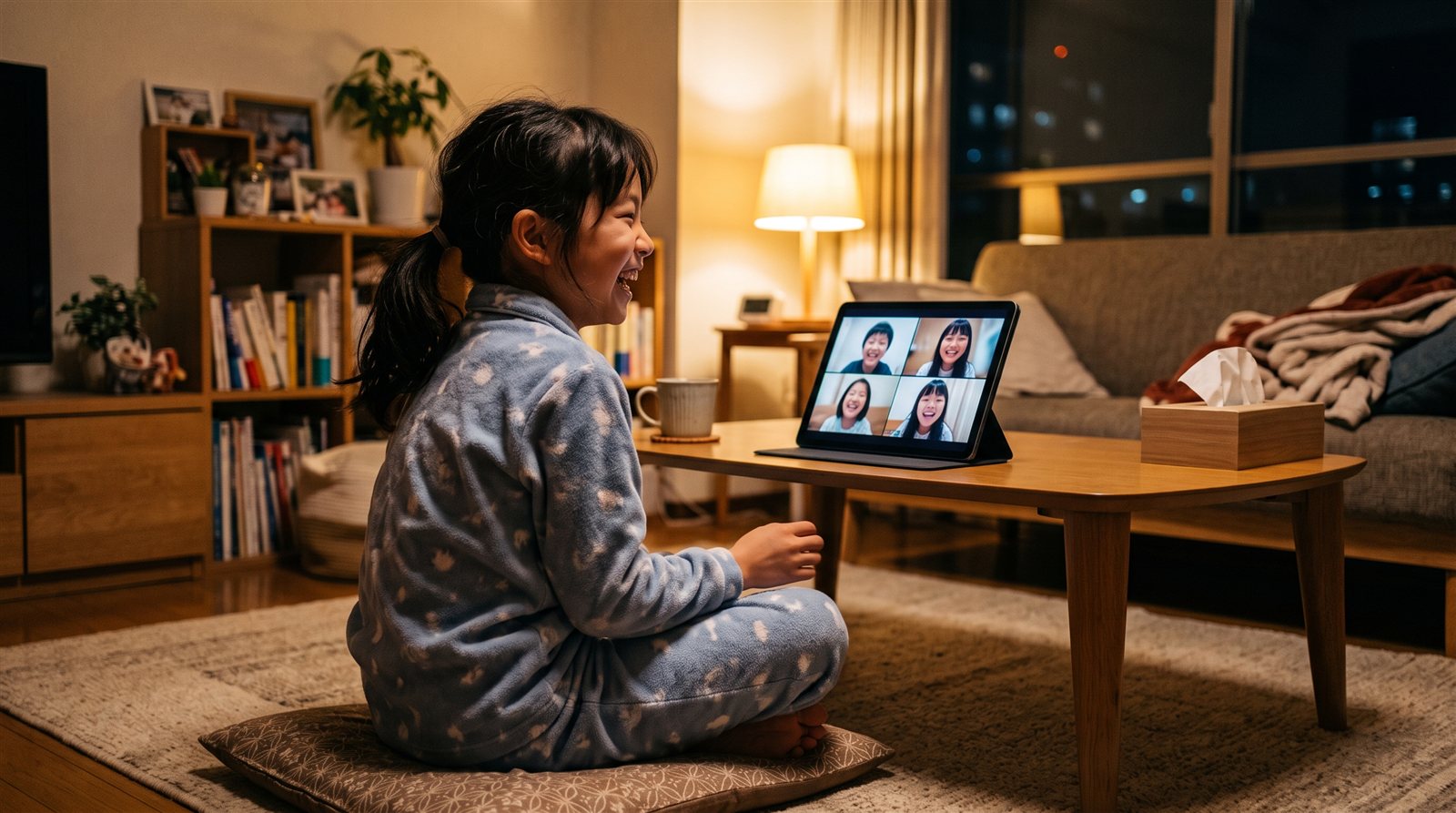 夜のリビングで、タブレット越しに日本の同世代の友達と笑い合う女の子
