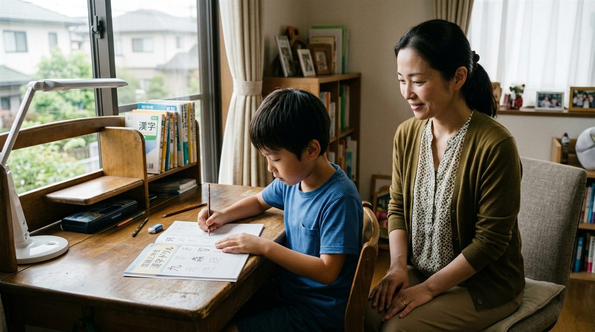 自宅の机で日本語の漢字ドリルに向かう小学生とそばで見守る保護者