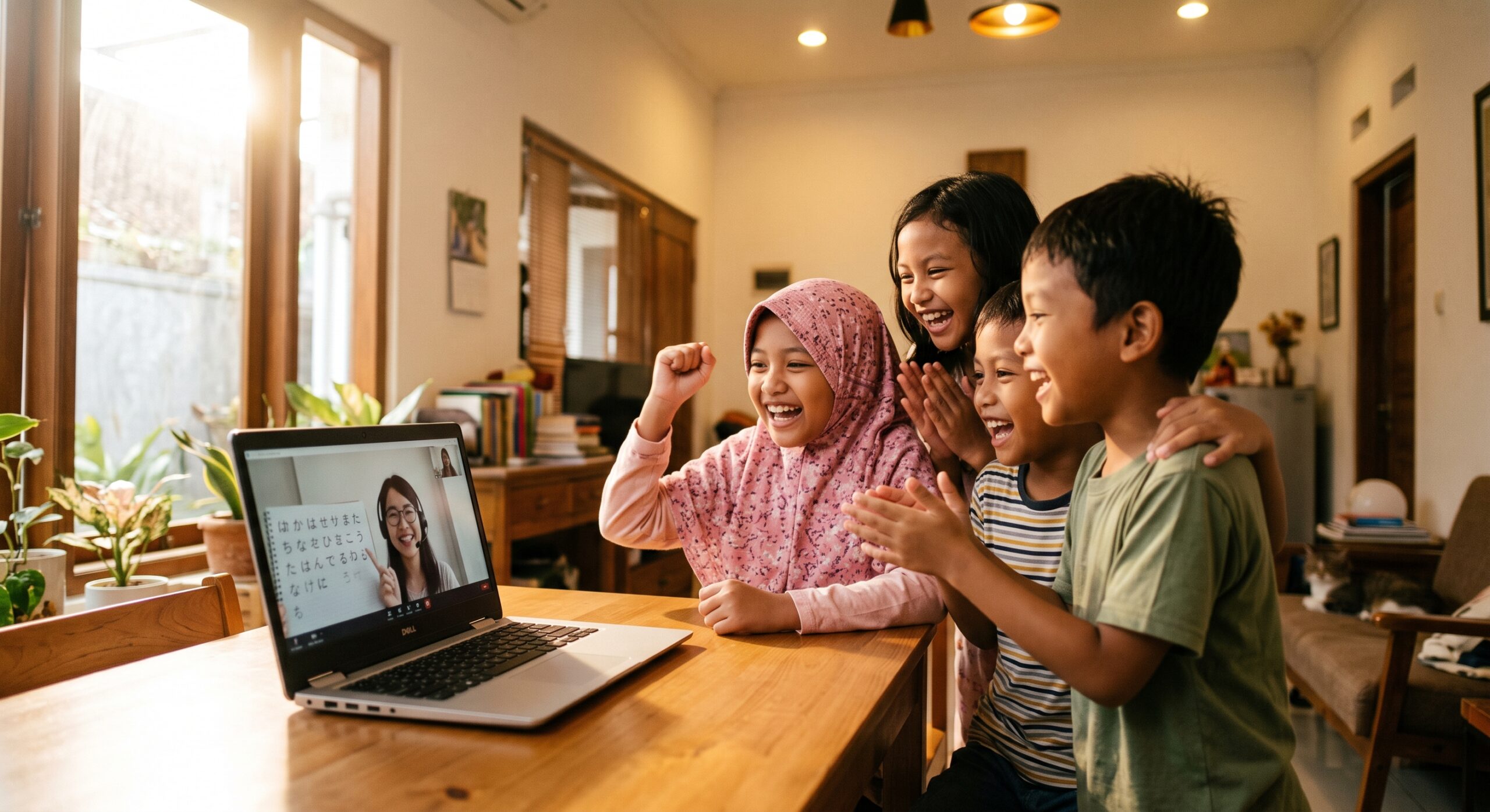 Anak Indonesia belajar bahasa Jepang bersama teman dalam kelas online sambil saling menyemangati