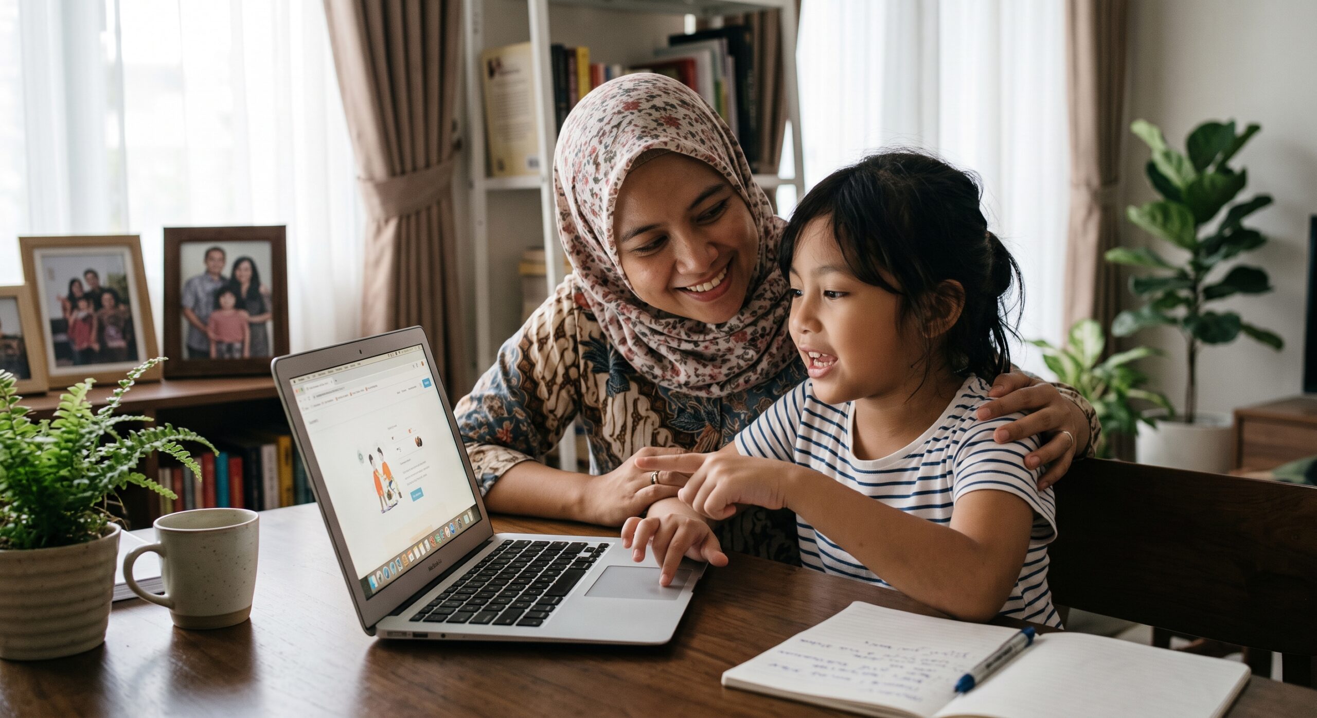Orang tua Indonesia dan anak memilih les bahasa Jepang bersama di depan laptop