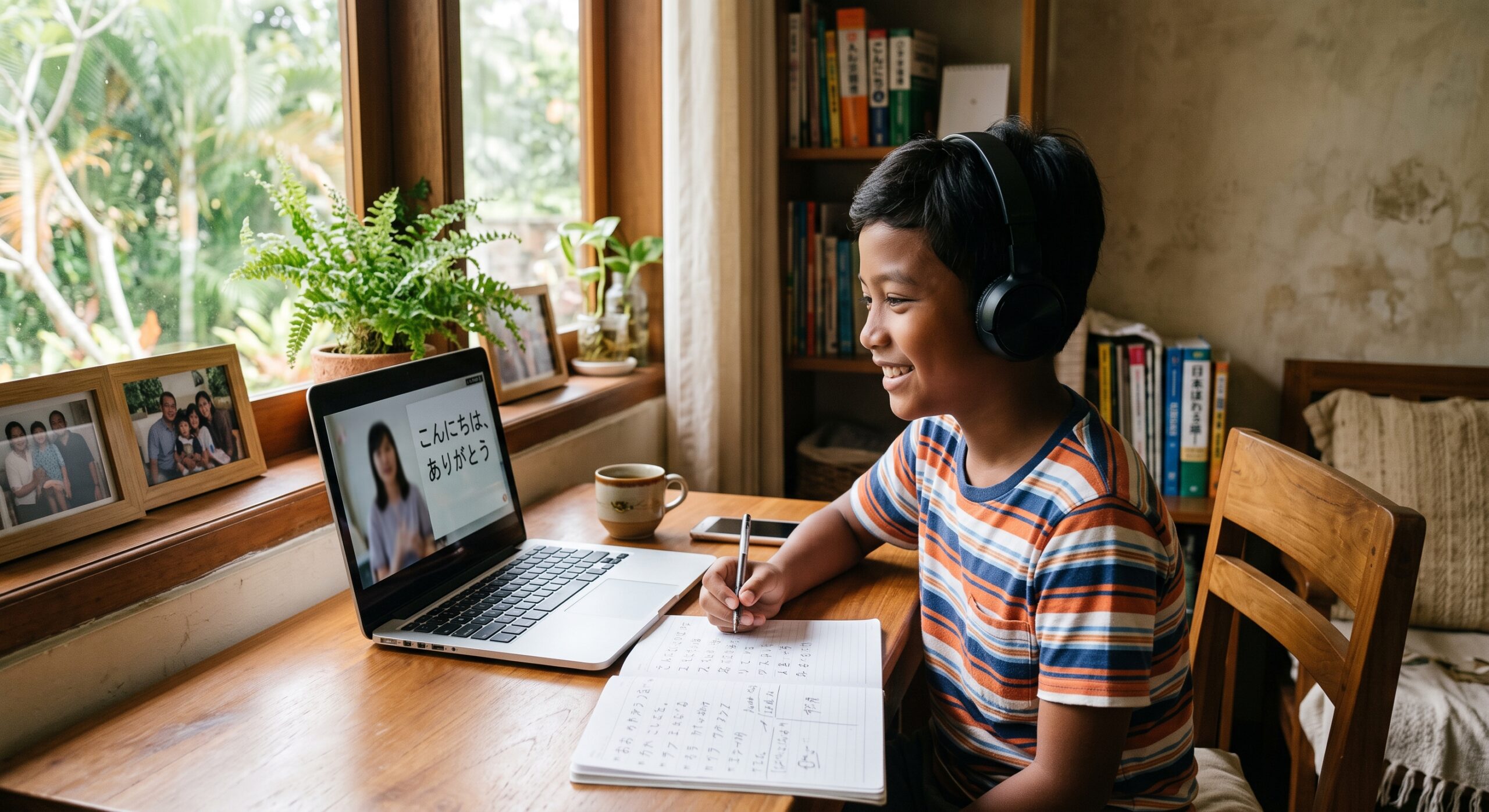 Anak Indonesia belajar bahasa Jepang online di rumah dengan laptop sambil tersenyum