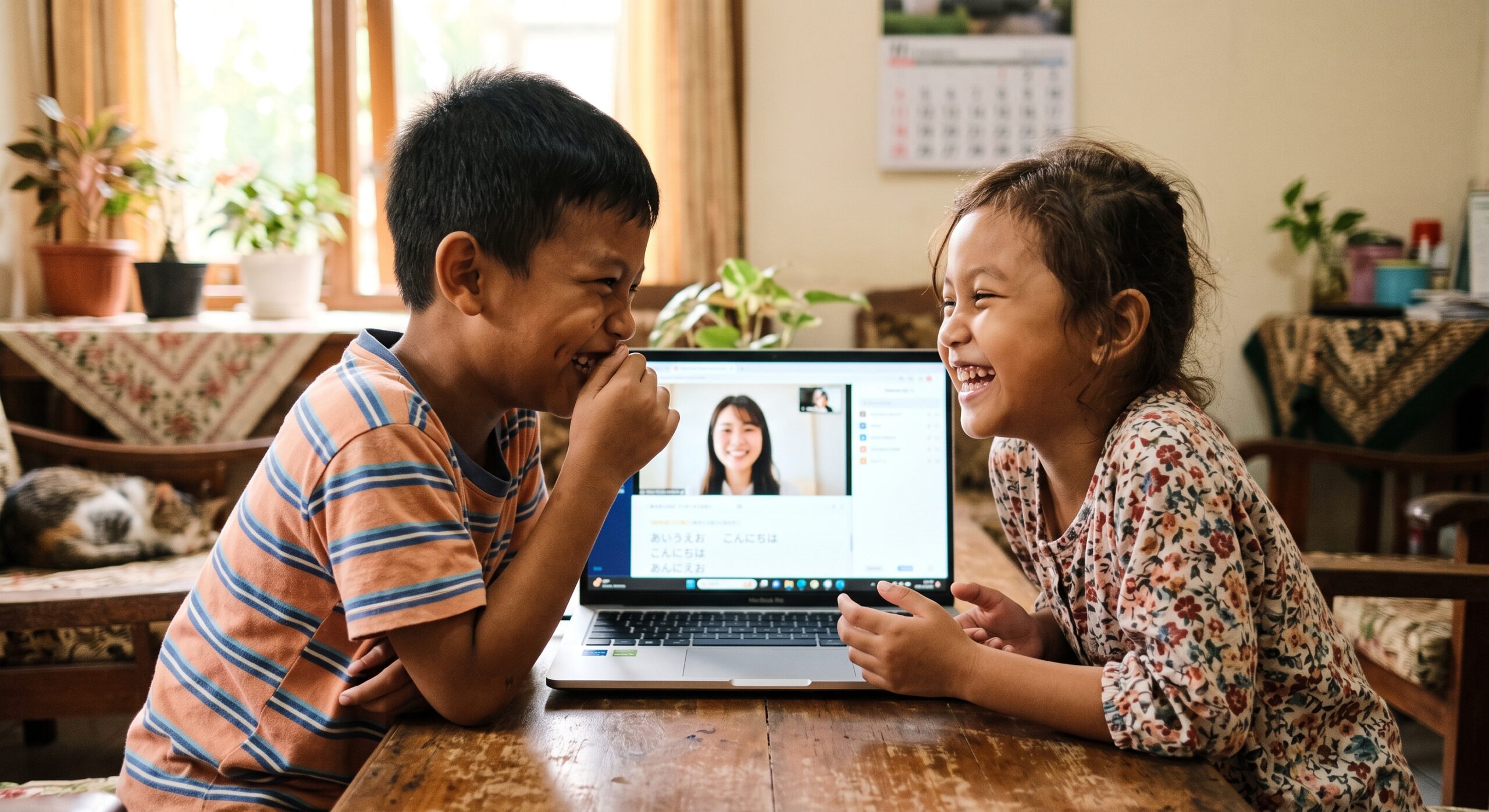 Anak Indonesia tertawa belajar bahasa Jepang bersama teman dalam kelas online