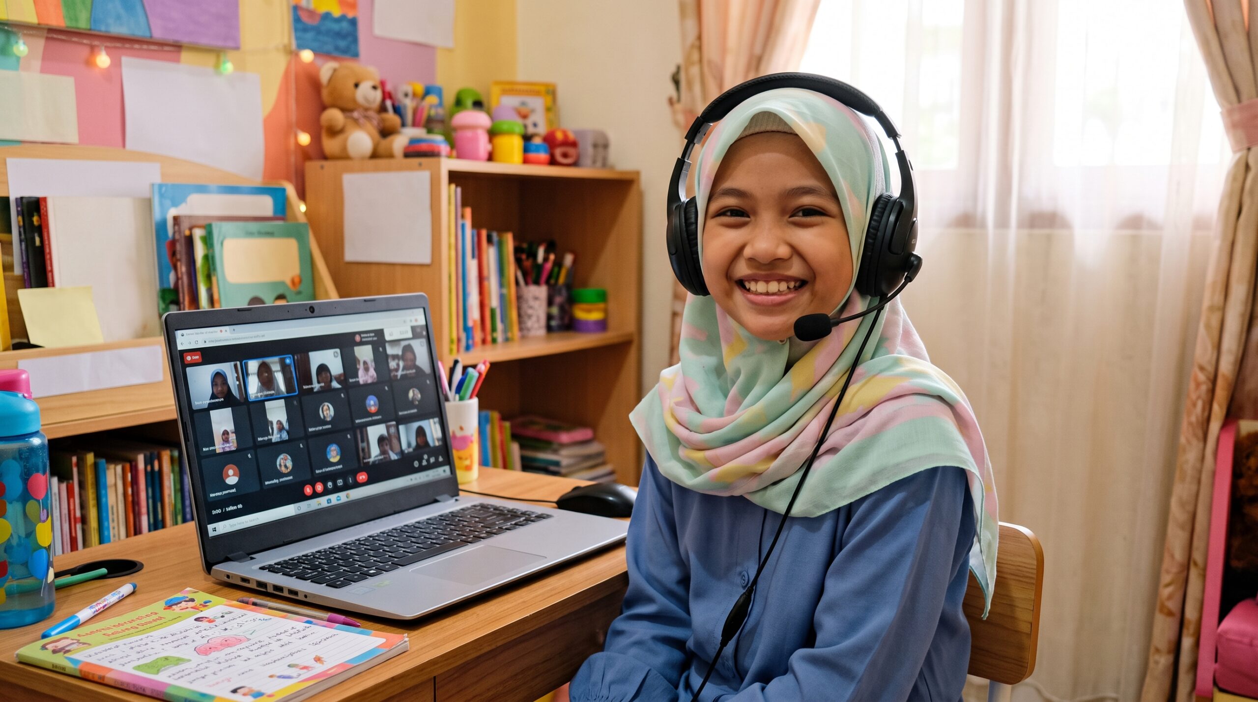 Anak Medan tersenyum saat kelas bahasa Jepang online bersama teman sebaya