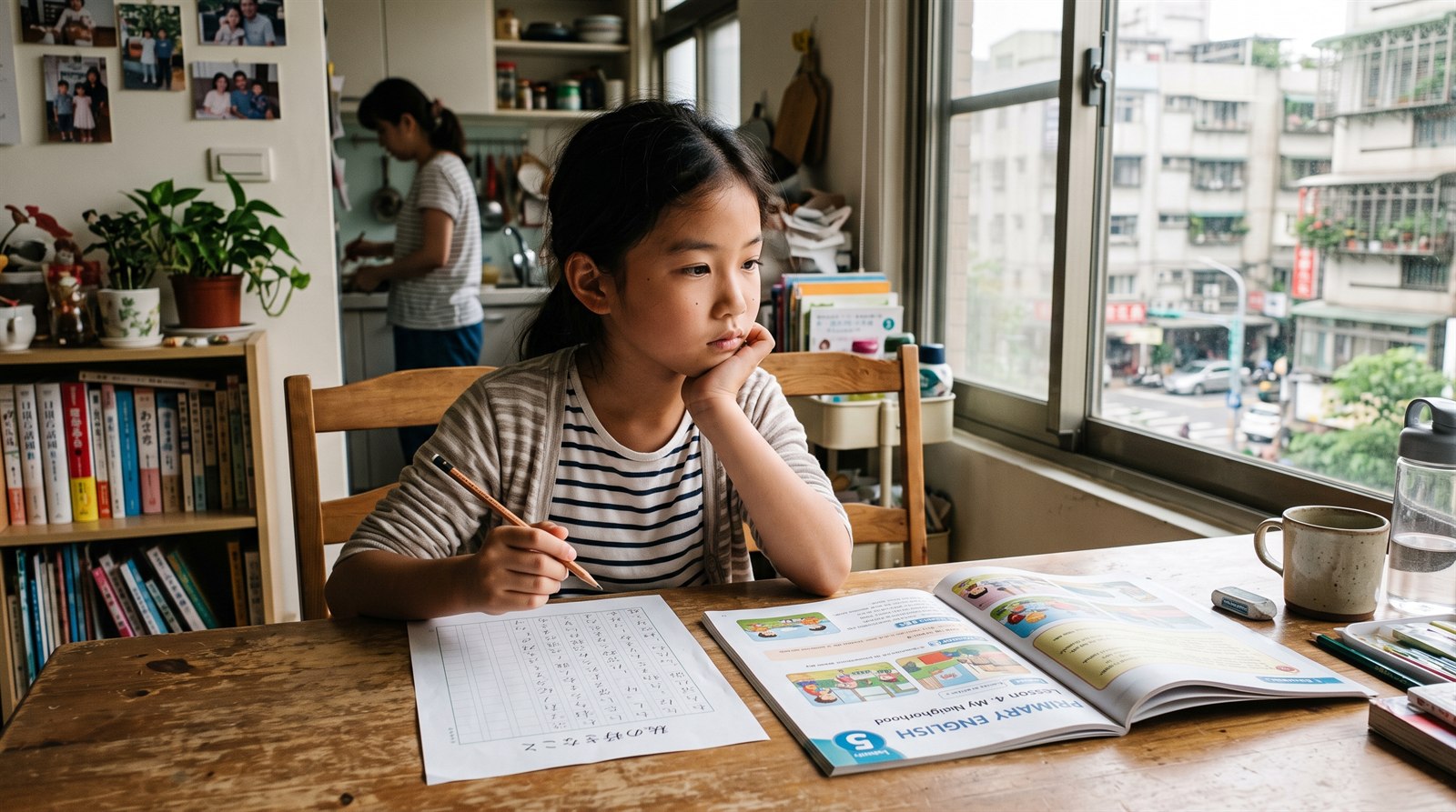 インターナショナルスクールから帰宅し、英語の教材の隣に日本の国語のノートを開いて漢字を書く子ども