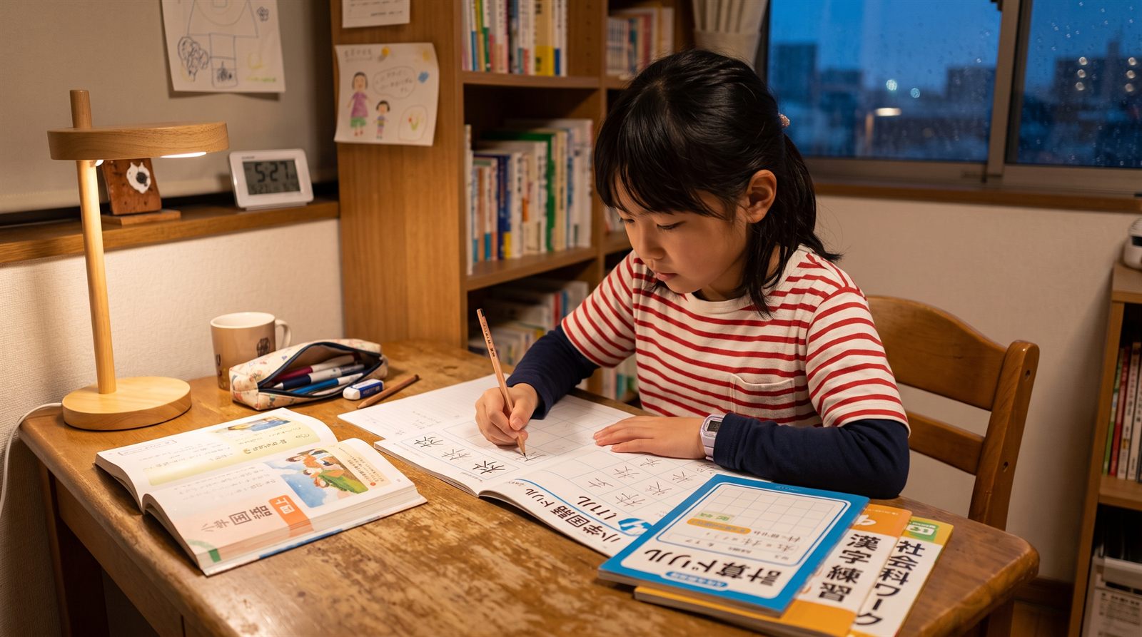 海外のインターナショナルスクールから帰宅し、自宅の机で日本語の教科書とノートを広げて漢字を書く小学生の女の子。会話はできても学年相当の国語を家庭で続ける様子