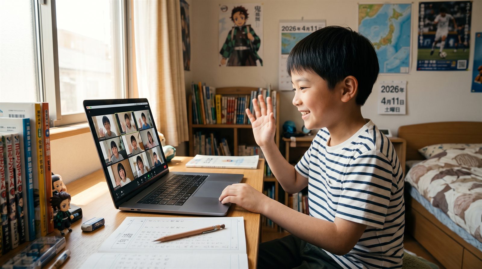海外の子ども部屋でノートパソコンの画面に映る日本の同世代のクラスメイトと笑顔で話す小学生の男の子。オンラインで学年相当の国語と友達関係を続ける様子