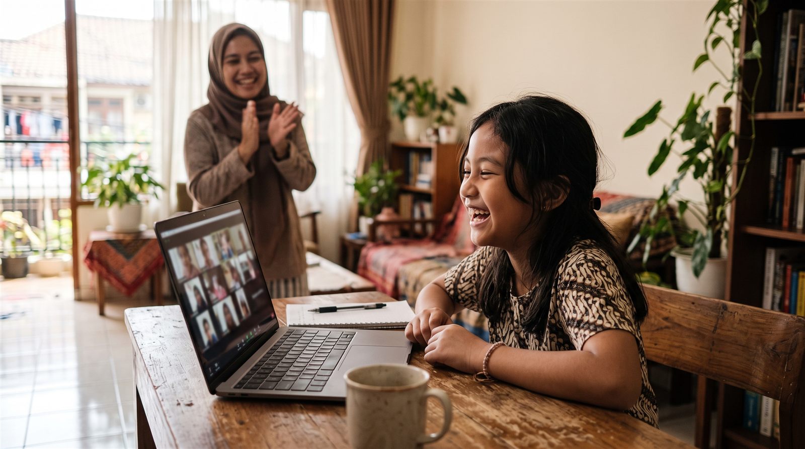 Anak perempuan Indonesia tertawa saat kelas grup online bahasa Jepang