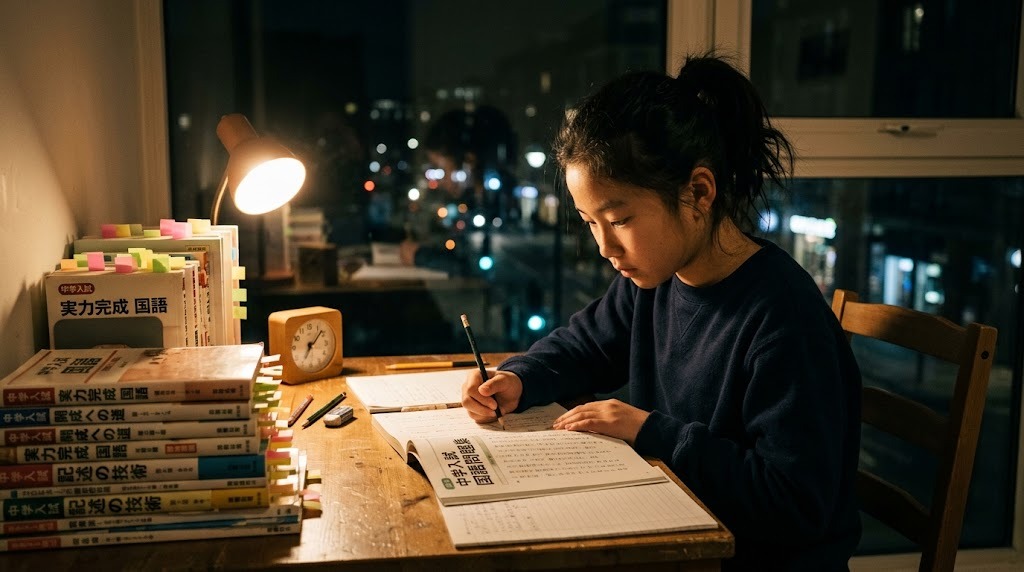 海外の集合住宅の一室で夜、デスクライトの下で日本の中学入試の国語の問題集を読みながらノートに書き込む小学6年生の女の子