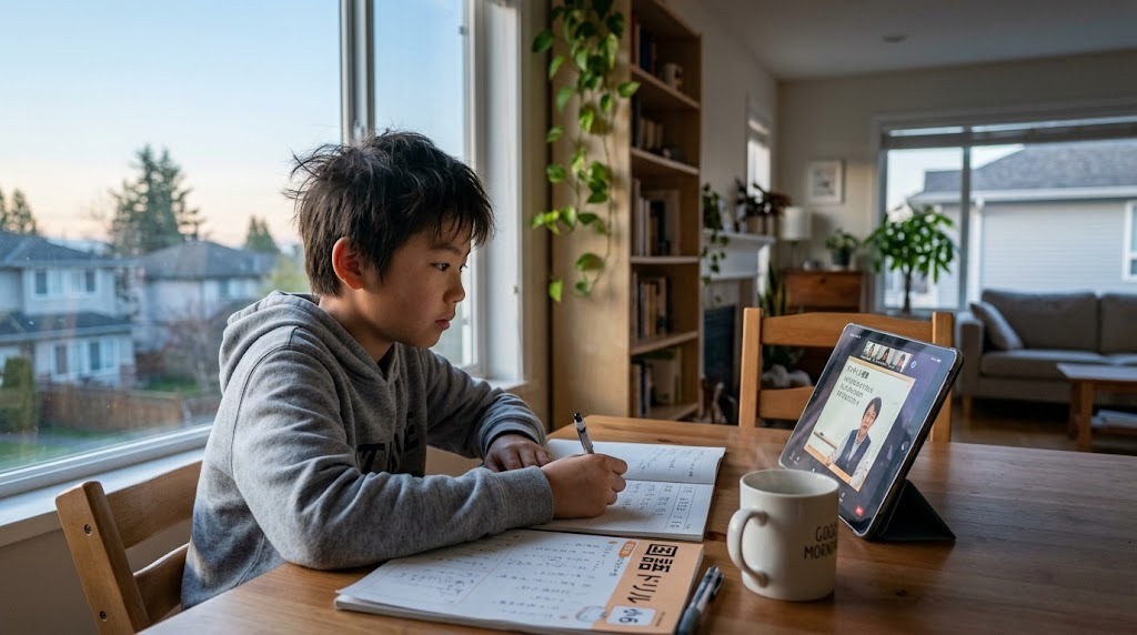 海外の家庭のリビングで早朝、タブレットのオンライン授業を見ながら日本語のノートに書き込む小学6年生の男の子