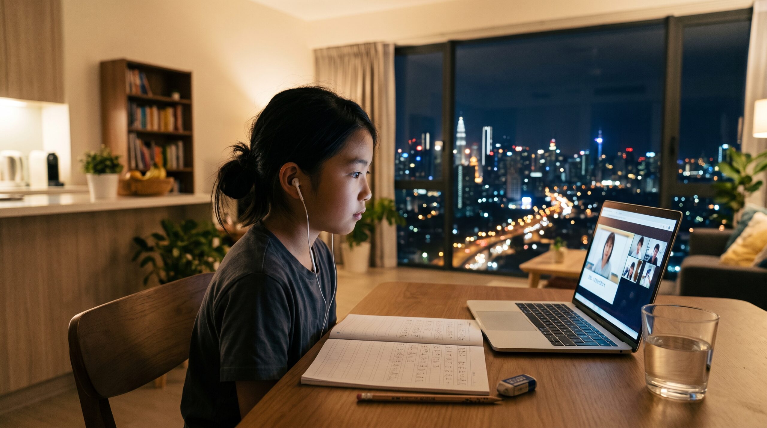 海外の高層コンドミニアムの自宅で、夜景の見える窓を背にノートパソコンで日本語のオンライン授業を受ける小学生の女の子