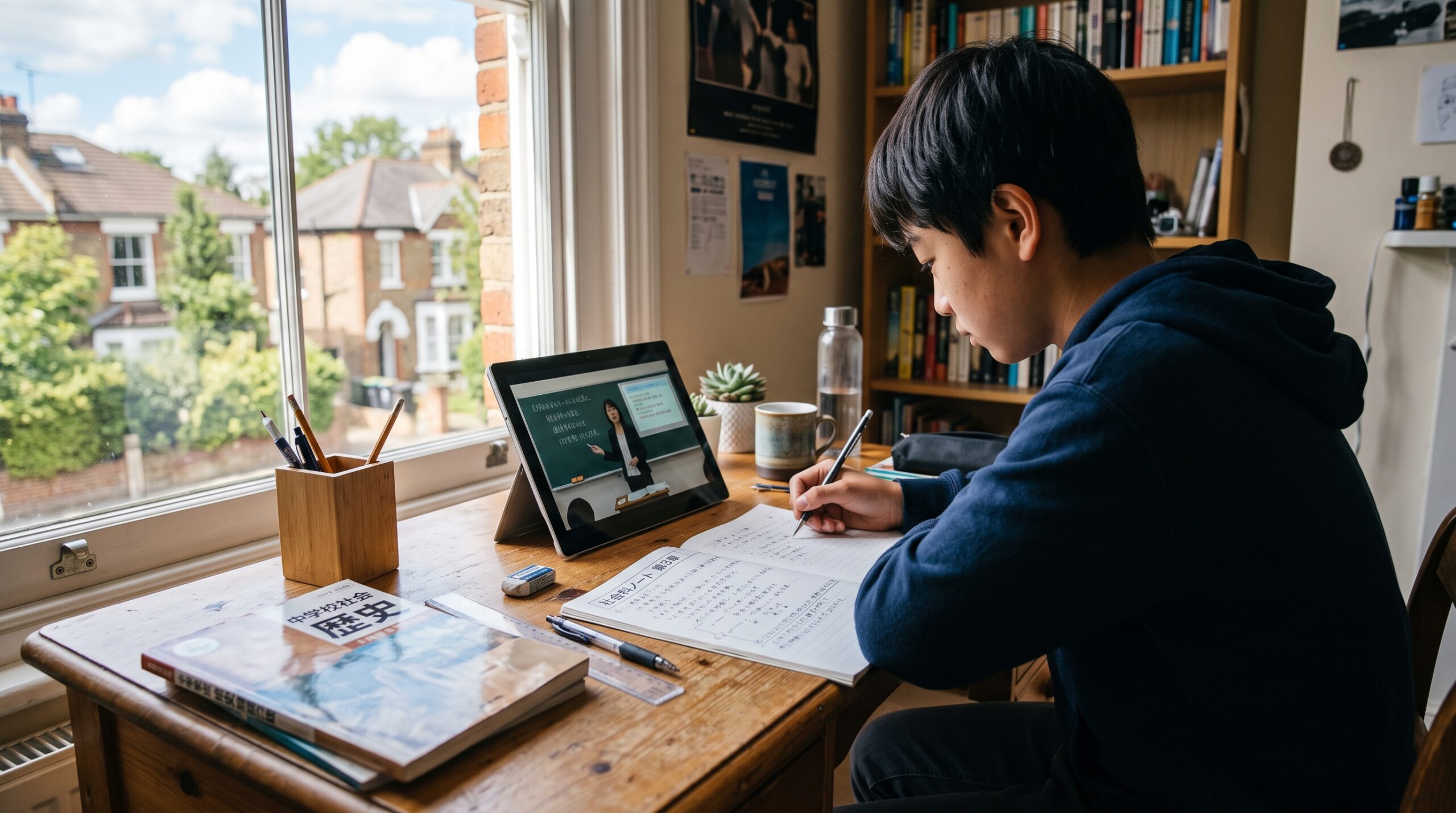 海外の自宅の子ども部屋で、タブレットに映る日本の先生の授業を見ながらノートに日本語で書き込む中学生の男の子