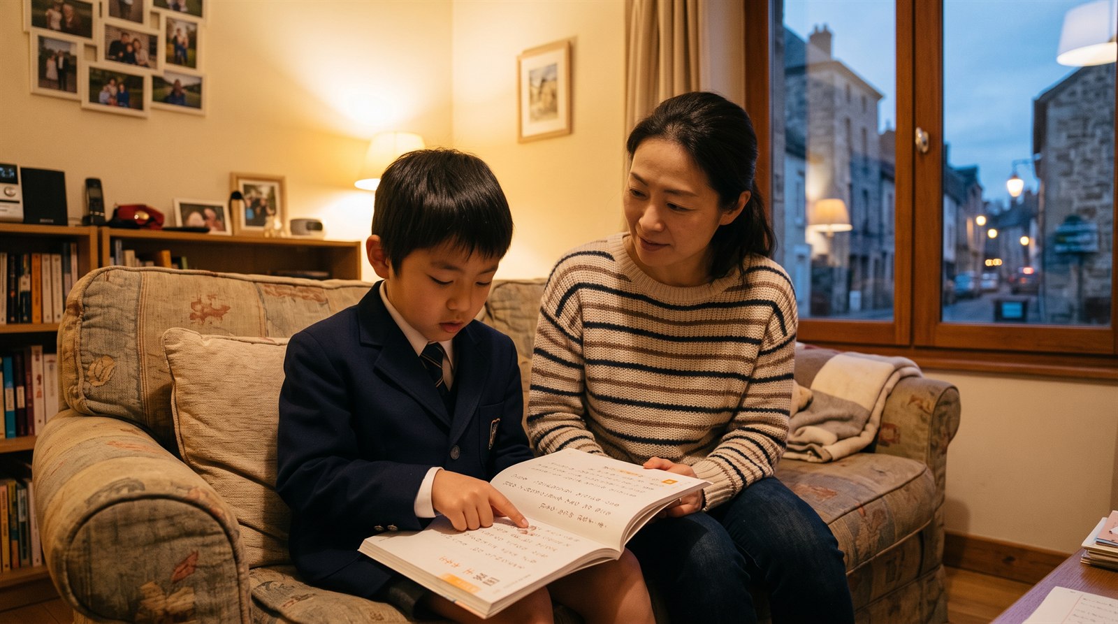 海外の自宅のリビングで、日本の国語の教科書を膝に置いてノートに書き込む子どもと見守る保護者