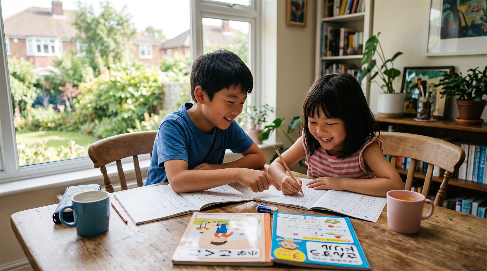 海外の家庭のダイニングテーブルで、日本の教科書とノートを広げて一緒に勉強する兄妹