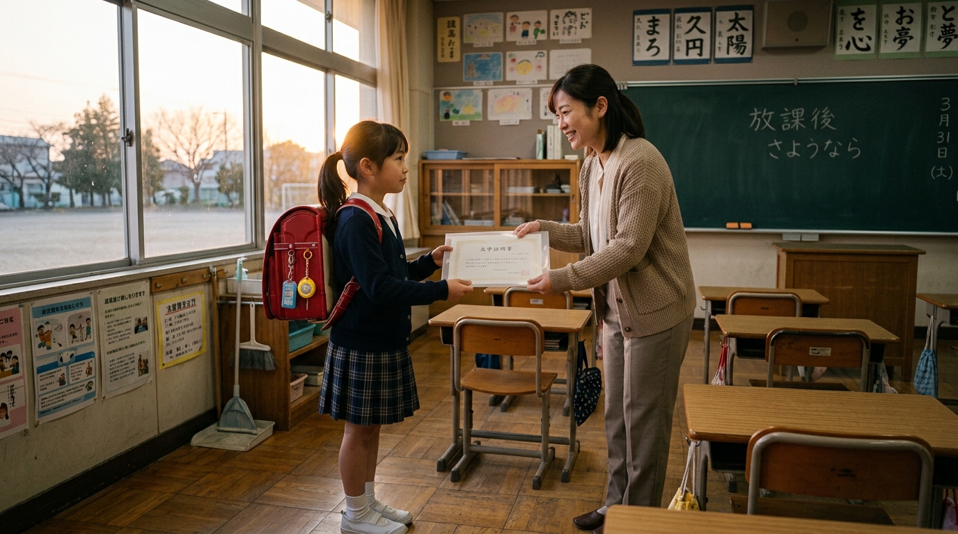 日本の小学校の教室で、担任の先生から書類を受け取る転校前の児童