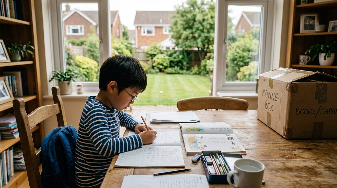 海外の自宅で日本の国語の教科書を広げて一人で学習する小学生